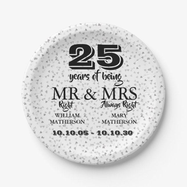 Mr Mrs Right Fun 25th Anniversary Silver Hearts Paper Plate (Front)