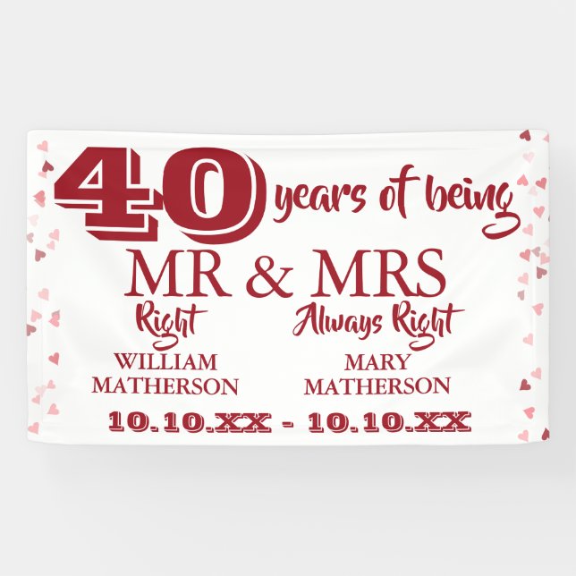 Mr Mrs Right Fun 40th Anniversary Ruby Hearts Banner (Horizontal)
