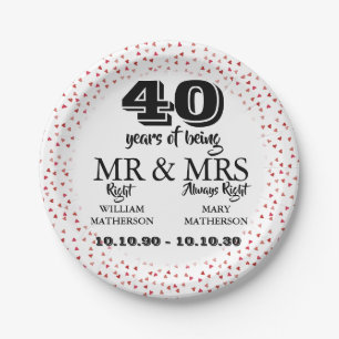 Mr Mrs Right Fun 40th Anniversary Ruby Hearts Paper Plate