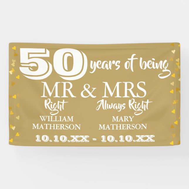 Mr Mrs Right Fun 50th Anniversary Gold Hearts Banner (Horizontal)