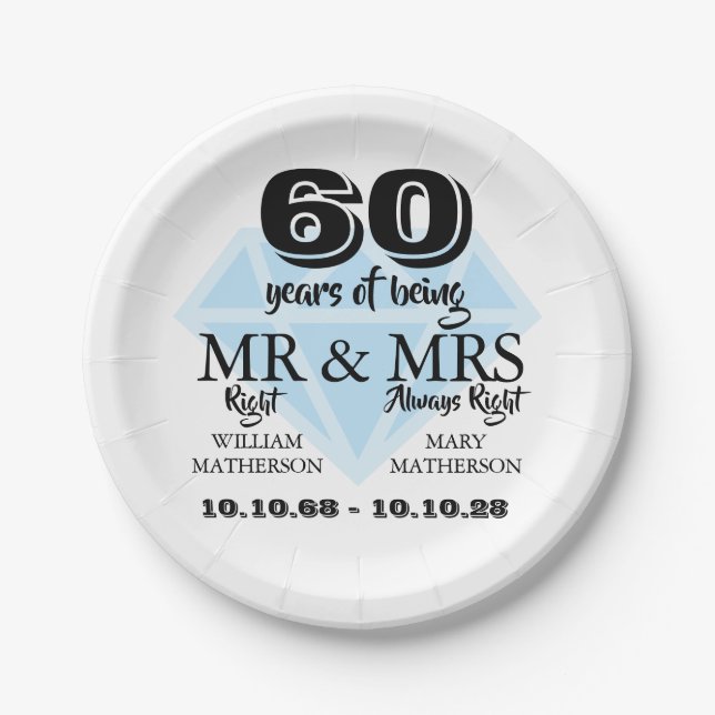 Mr Mrs Right Fun Diamond 60th Anniversary Paper Plate (Front)