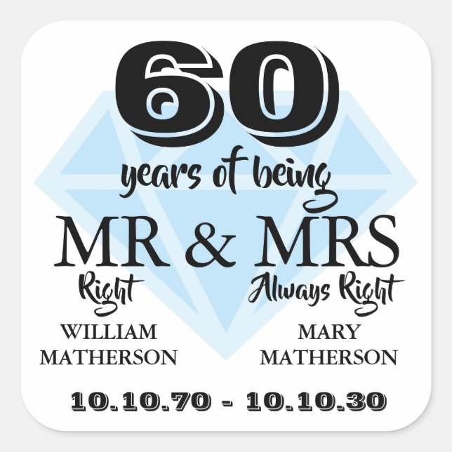 Mr Mrs Right Fun Diamond 60th Anniversary Square Sticker (Front)