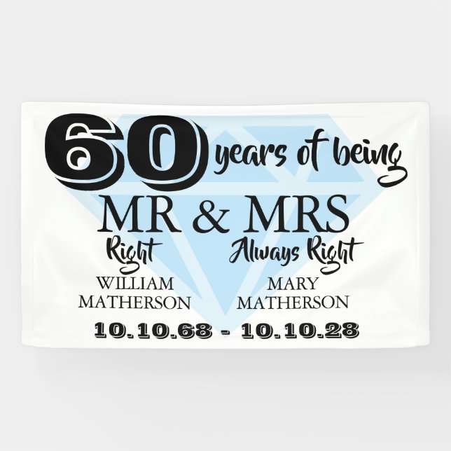 Mr Mrs Right Fun Diamond 60th Wedding Anniversary Banner (Horizontal)