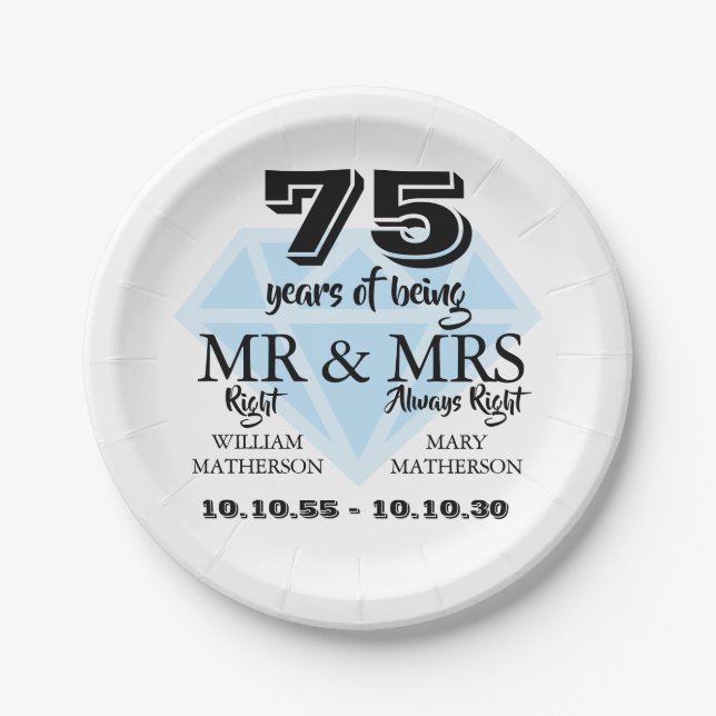 Mr Mrs Right Fun Diamond 75th Anniversary Paper Plate (Front)