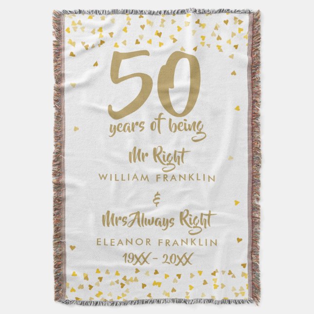 Mr Mrs Right Fun Golden 50th Anniversary Throw Blanket (Front Vertical)