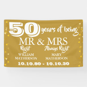 Mr Mrs Right Fun Golden 50th Wedding Anniversary Banner