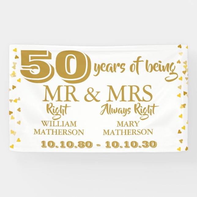 Mr Mrs Right Fun Golden 50th Wedding Anniversary Banner (Horizontal)