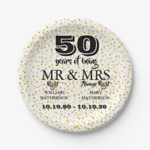 Mr Mrs Right Fun Golden 50th Wedding Anniversary Paper Plate