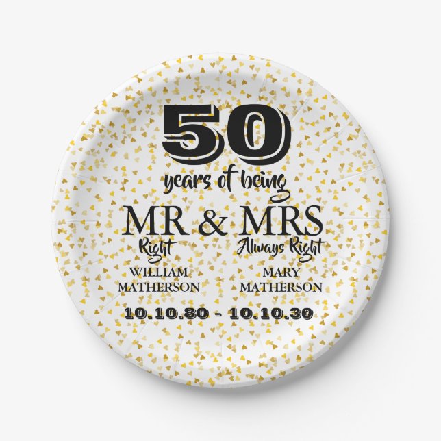 Mr Mrs Right Fun Golden 50th Wedding Anniversary Paper Plate (Front)