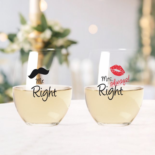 Mr & Mrs. Right Moustache Red Lips Wedding  Stemless Wine Glass (Insitu (Wedding))