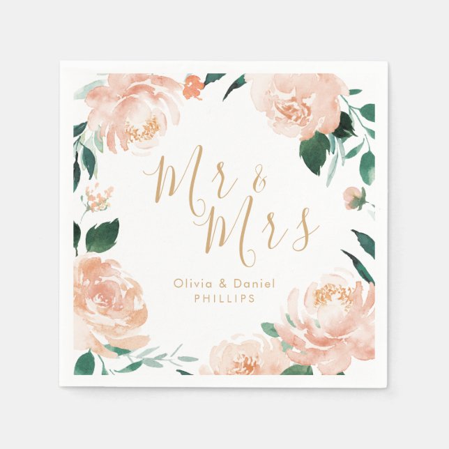 Mr & Mrs Romantic garden peach floral wedding Napkin (Front)