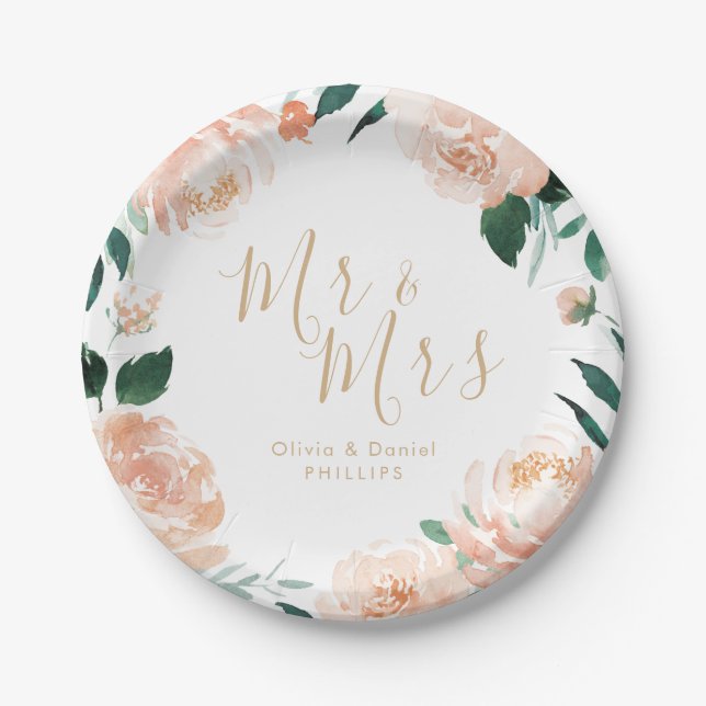 Mr & Mrs Romantic garden peach floral wedding Paper Plate (Front)