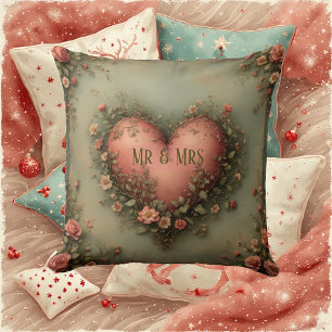 Mr & Mrs Romantic Heart Botanical Greenery Garden  Throw Pillow