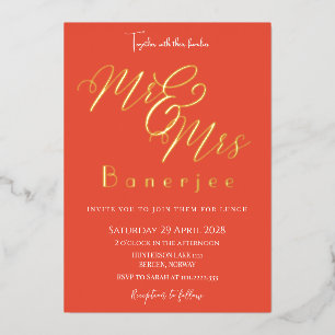 Mr & Mrs Royal Orange Red Wedding Foil Invitation