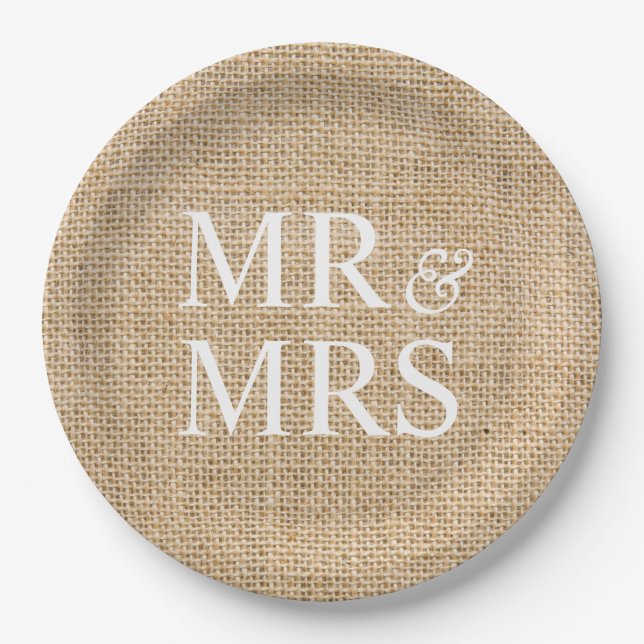 Mr & Mrs Rustic Burlap Wedding Simple Paper Plate (Front)
