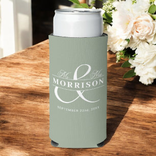 Mr Mrs Sage Green Rustic Wedding Favour Seltzer Can Cooler