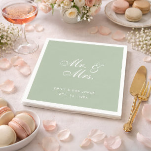 Mr. & Mrs. Sage Wedding White Elegant Script Green Napkin