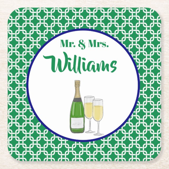 Mr. & Mrs. Script Bride & Groom Champagne Flutes Square Paper Coaster (Front)