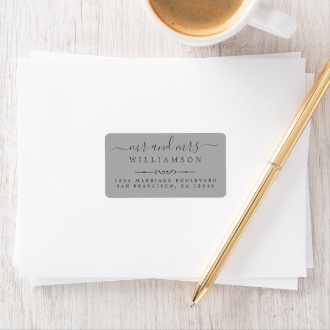 Mr Mrs Script Grey Wedding Return Address Label (Insitu)