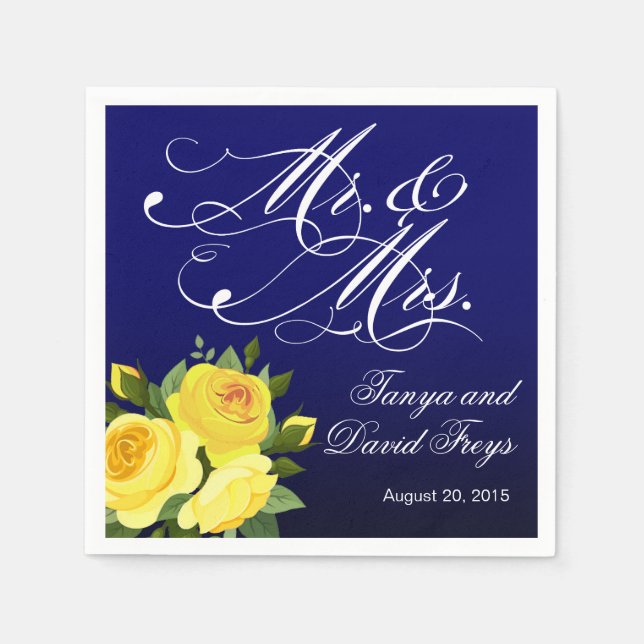 Mr. & Mrs. Script Typography Roses Floral navy Napkin (Front)