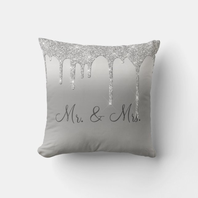 Mr. & Mrs. Silver Glitter Wedding Keepsake Elegant Throw Pillow (Front)