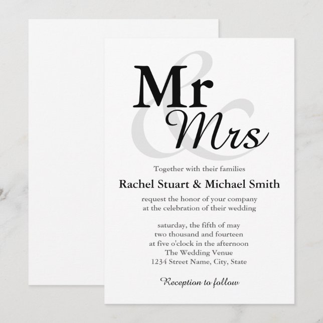 Mr &Mrs Simple Elegant Typography Wedding Invitation (Front/Back)