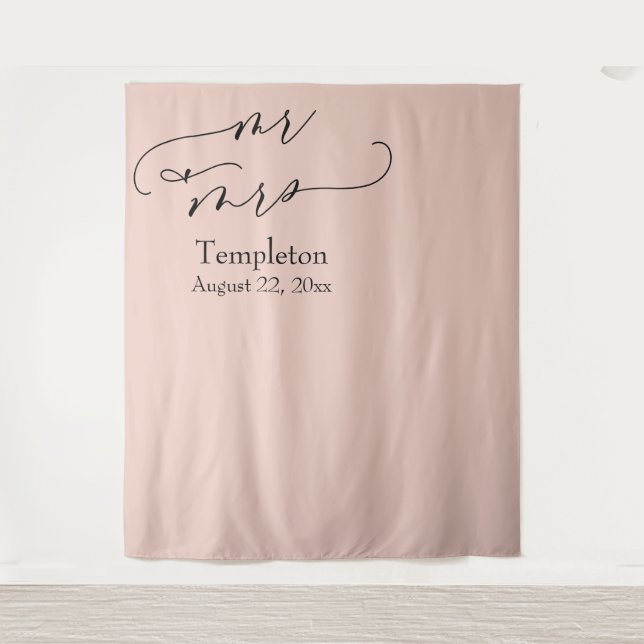 Mr & Mrs Simple Left Aligned Blush Photo Backdrop Tapestry (Front)