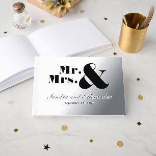 Mr Mrs Simple  Silver Foil White  Script Wedding Guest Book