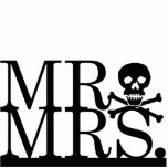 Mr & Mrs Skull Cake Topper Standing Photo Sculpture<br><div class="desc">Decorate your wedding cake with this simple,  yet daring cake topper from Kustom By Kris. It reads "Mr." and "Mrs." with a skull and crossbones between them. Contact me to have this cake topper customized with your wedding colours.</div>