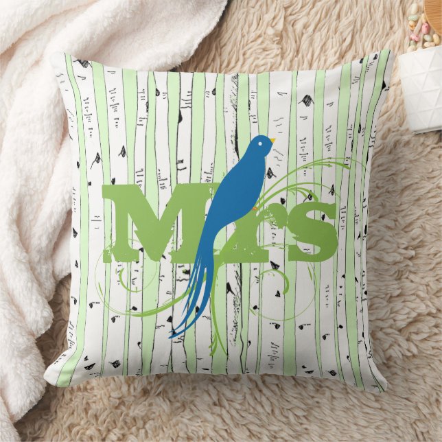 Mr Mrs Spring Green and Royal Blue Birch Tree Bird Throw Pillow (Blanket)