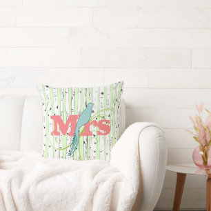 Mr Mrs Spring Green, Peach Aqua Birch Tree Pillow