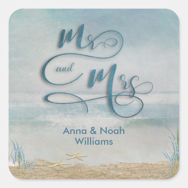 Mr. & Mrs. starfish in ocean watercolor Square Sticker (Front)