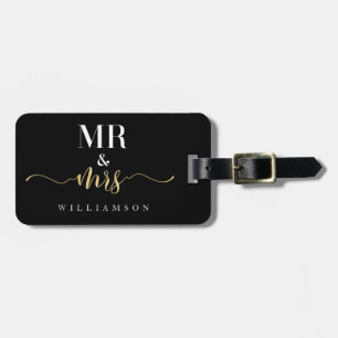Mr & Mrs   Stylish Black & Gold Stripe Newlyweds Luggage Tag