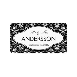 Mr Mrs Surname Bold Black White Elegant Damask Label