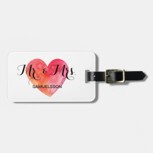 Mr. & Mrs. travel Luggage Tag   watercolor heart