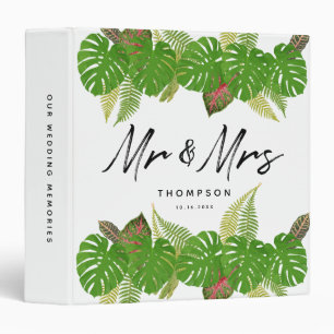Mr. & Mrs. Tropical Leaves Script Wedding Album Binder