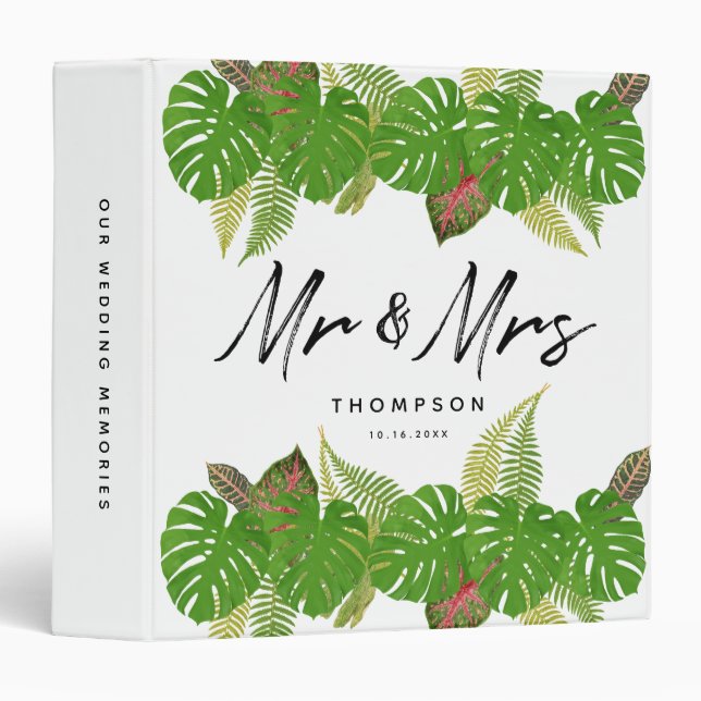 Mr. & Mrs. Tropical Leaves Script Wedding Album Binder (Front/Spine)