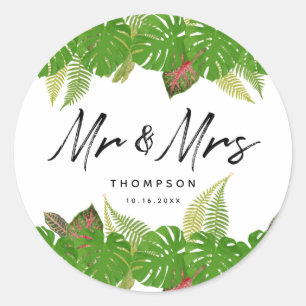 Mr. & Mrs. Tropical Leaves Script Wedding Classic Round Sticker