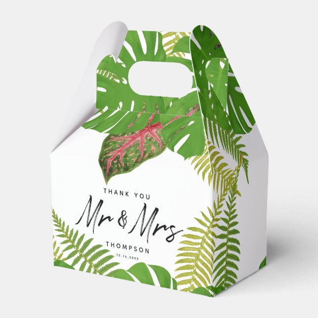 Mr. & Mrs. Tropical Leaves Script Wedding  Favor Box (Front Side)