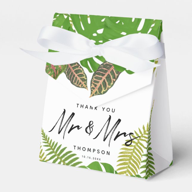 Mr. & Mrs. Tropical Leaves Script Wedding  Favor Box (Front Side)