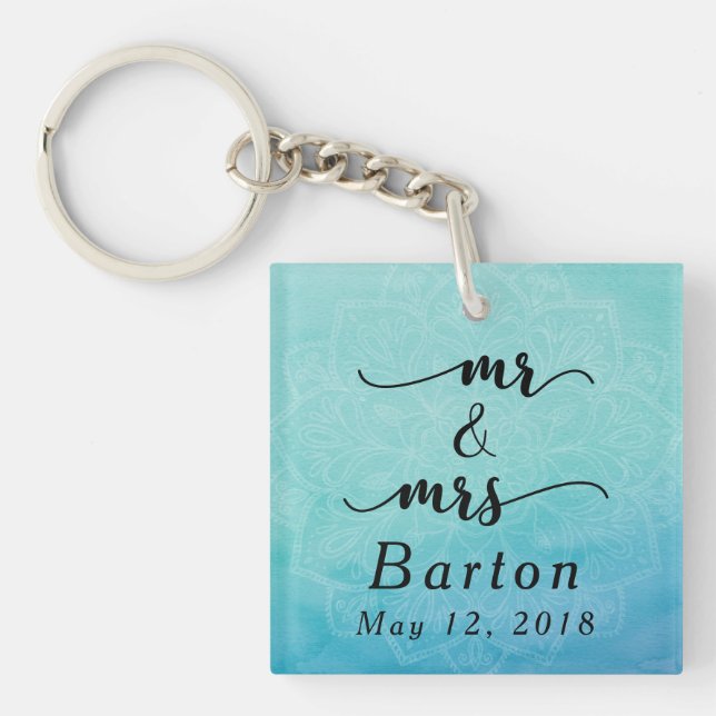 Mr & Mrs Typography Teal & Blue Mandala Wedding Keychain (Front)