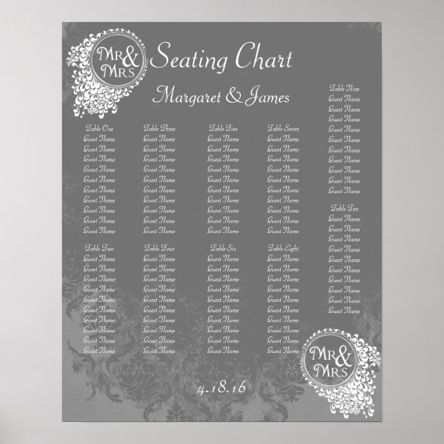 Mr & Mrs Vintage Grey Damask Seating Chart (Front)