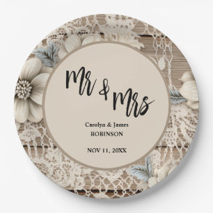 Mr & Mrs Vintage Lace Rustic Wedding  Paper Plate