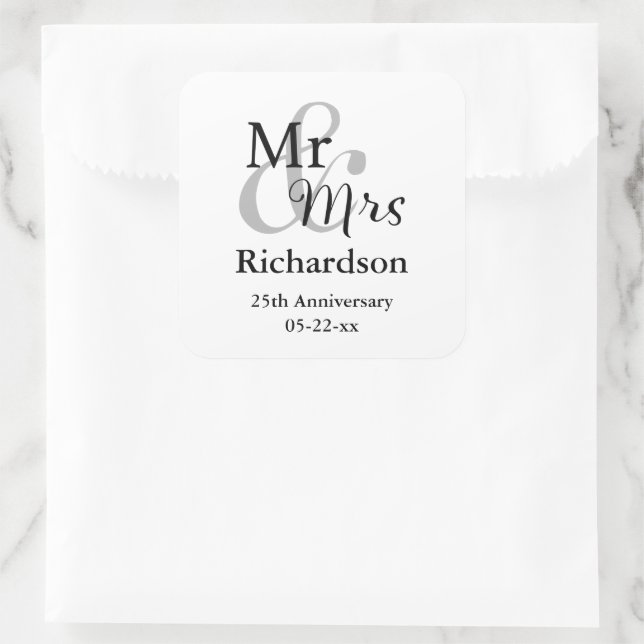 Mr & Mrs Wedding Anniversary Name & Date Square Sticker (Bag)