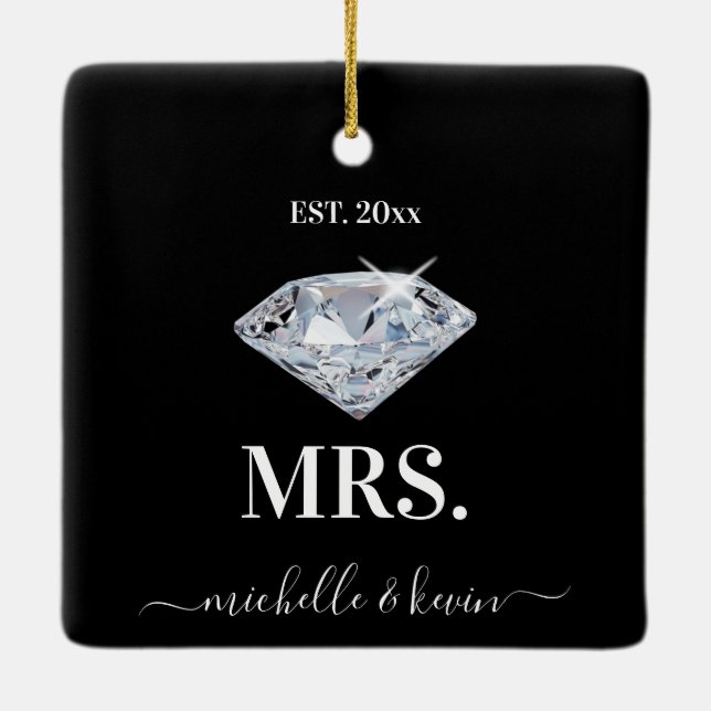 Mr. & Mrs. Wedding Black & White Ceramic Ornament (Back)