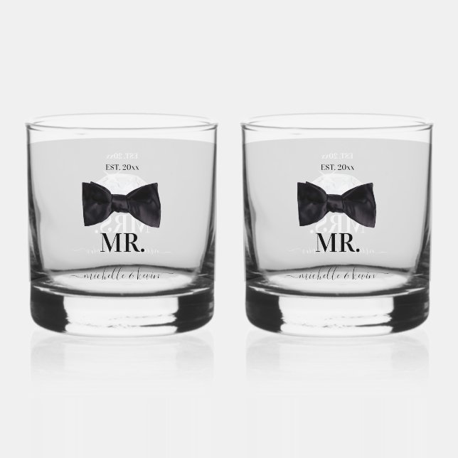 Mr. & Mrs. Wedding Black & White Wedding  Whiskey Glass (Back)