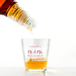 Mr & Mrs Wedding Bride Groom Name Date Magenta Red Shot Glass