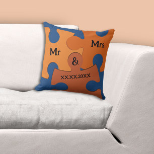 Mr & Mrs Wedding Date Orange & Blue Jigsaw Pieces Throw Pillow