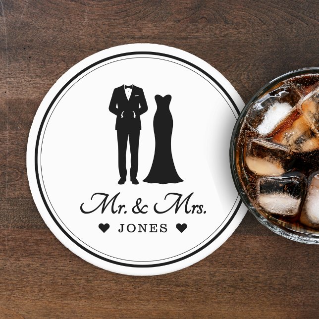 Mr & Mrs Wedding Dress Tuxedo Newlywed Couple Round Paper Coaster (Mr & Mrs Wedding Dress Tuxedo Newlywed Couple Paper Plates
)