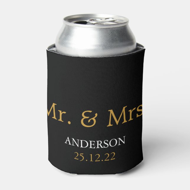 Mr. & Mrs. Wedding Favour Gold Glitter Can Cooler (Can Front)